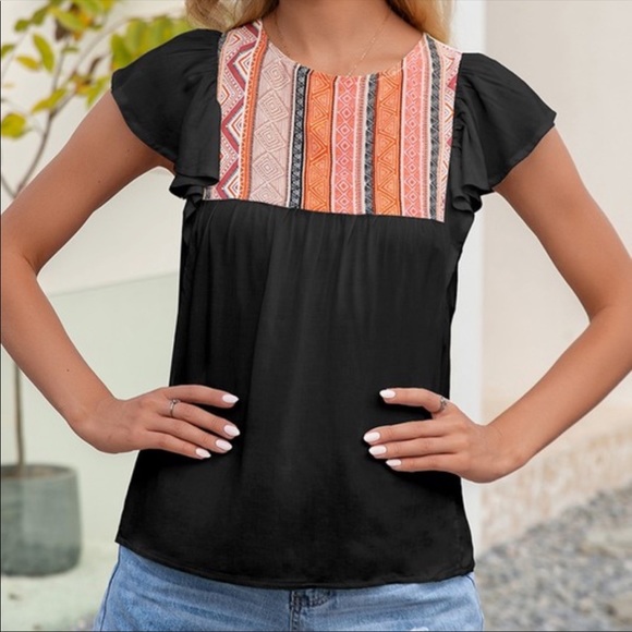 Black Flutter sleeve Blouse with Front Embroidery - Picture 2 of 5